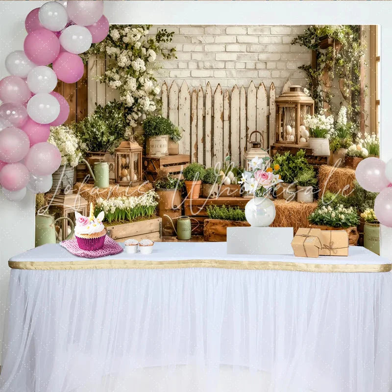 Lofaris Rustic Farmhouse Easter Backdrop with White Flowers and Eggs Charming Spring Photography Background for Holiday Parties