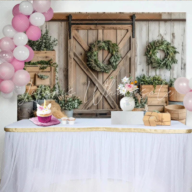 Lofaris Rustic Farmhouse Photography Backdrop with Barn Door and Greenery Wreaths Natural Wood Wall Background for Studio Photoshoot
