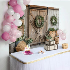 Lofaris Rustic Farmhouse Photography Backdrop with Barn Door and Greenery Wreaths Natural Wood Wall Background for Studio Photoshoot