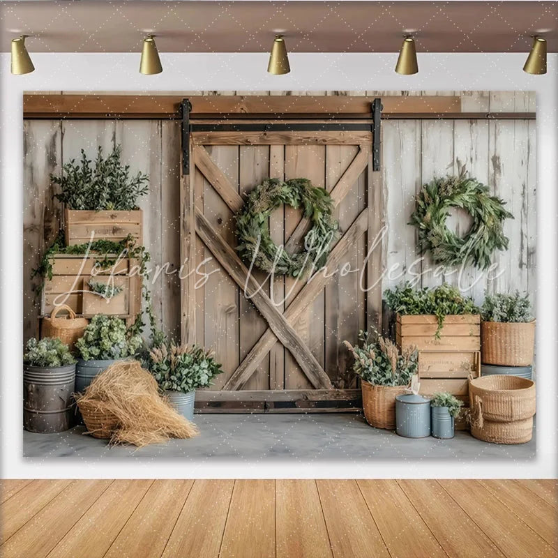 Lofaris Rustic Farmhouse Photography Backdrop with Barn Door and Greenery Wreaths Natural Wood Wall Background for Studio Photoshoot