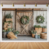 Lofaris Rustic Farmhouse Photography Backdrop with Barn Door and Greenery Wreaths Natural Wood Wall Background for Studio Photoshoot