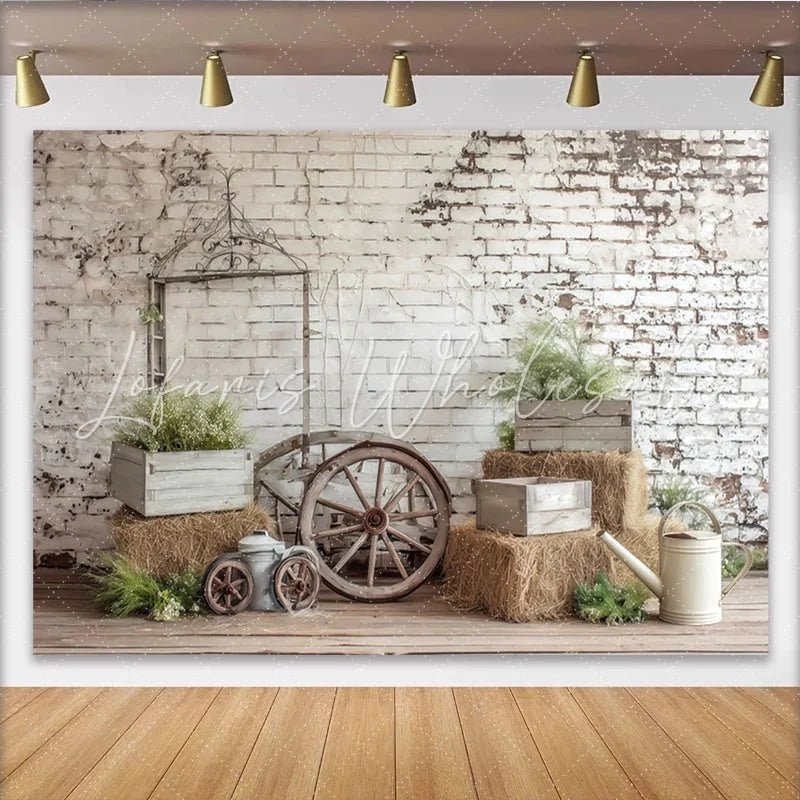 Lofaris Rustic Farmhouse Photography Backdrop with Distressed White Brick Wall and Hay Bales Vintage Studio Background for Natural Portrait
