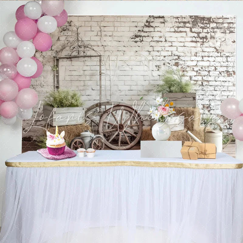 Lofaris Rustic Farmhouse Photography Backdrop with Distressed White Brick Wall and Hay Bales Vintage Studio Background for Natural Portrait
