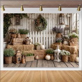 Lofaris Rustic Farmhouse Photography Backdrop with Hay Bales and Pumpkins Elegant Floral Wall Tapestry for Autumn Photoshoot