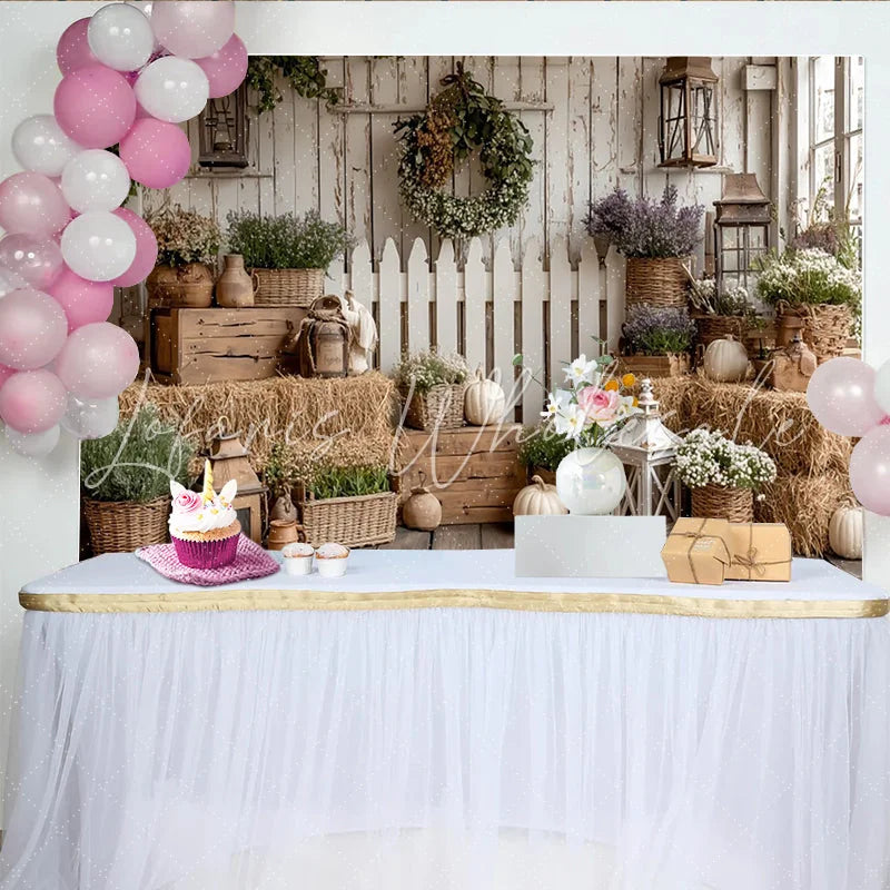 Lofaris Rustic Farmhouse Photography Backdrop with Hay Bales and Pumpkins Elegant Floral Wall Tapestry for Autumn Photoshoot