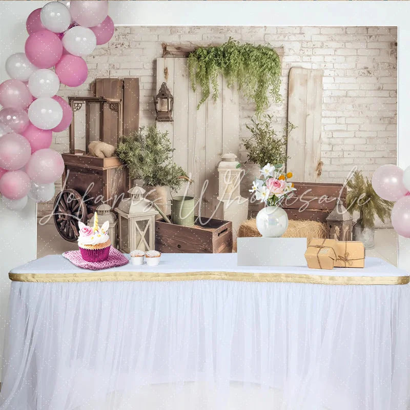 Lofaris Rustic Farmhouse Photography Backdrop with White Brick and Wood Vintage Greenery and Lanterns for Studio Photoshoot