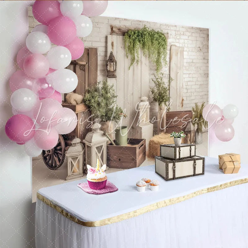 Lofaris Rustic Farmhouse Photography Backdrop with White Brick and Wood Vintage Greenery and Lanterns for Studio Photoshoot