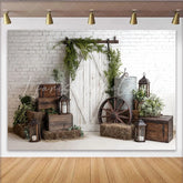 Lofaris Rustic Farmhouse Photography Backdrop with White Brick Wall and Barn Door Vintage Studio Background for Portrait Photoshoot