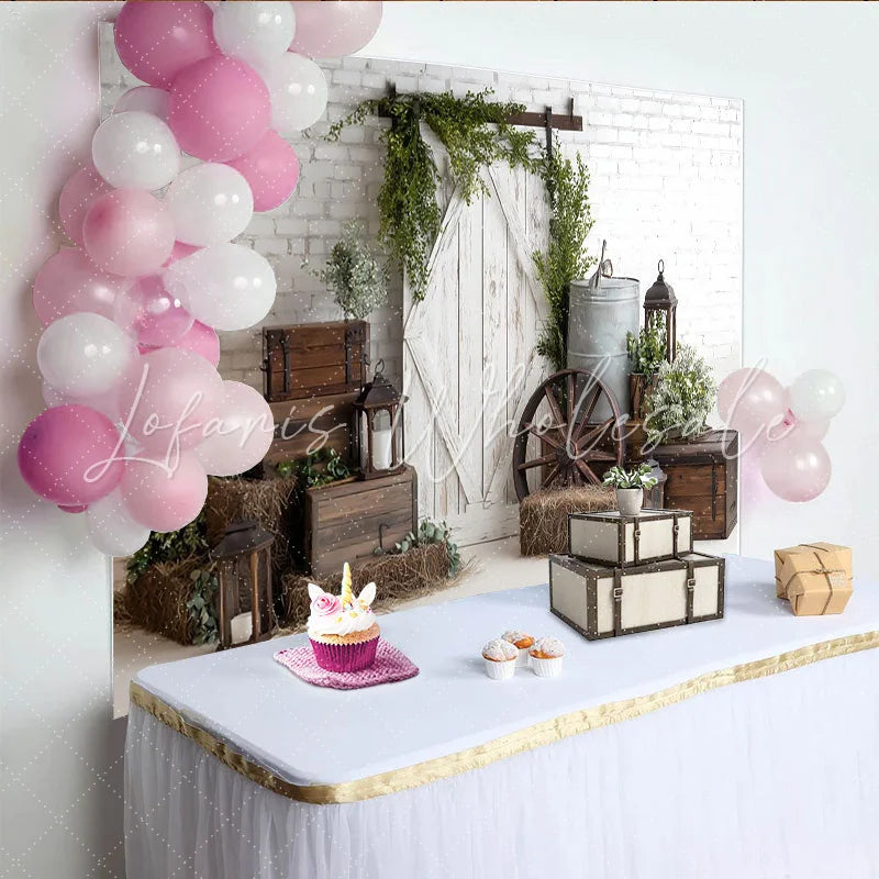 Lofaris Rustic Farmhouse Photography Backdrop with White Brick Wall and Barn Door Vintage Studio Background for Portrait Photoshoot