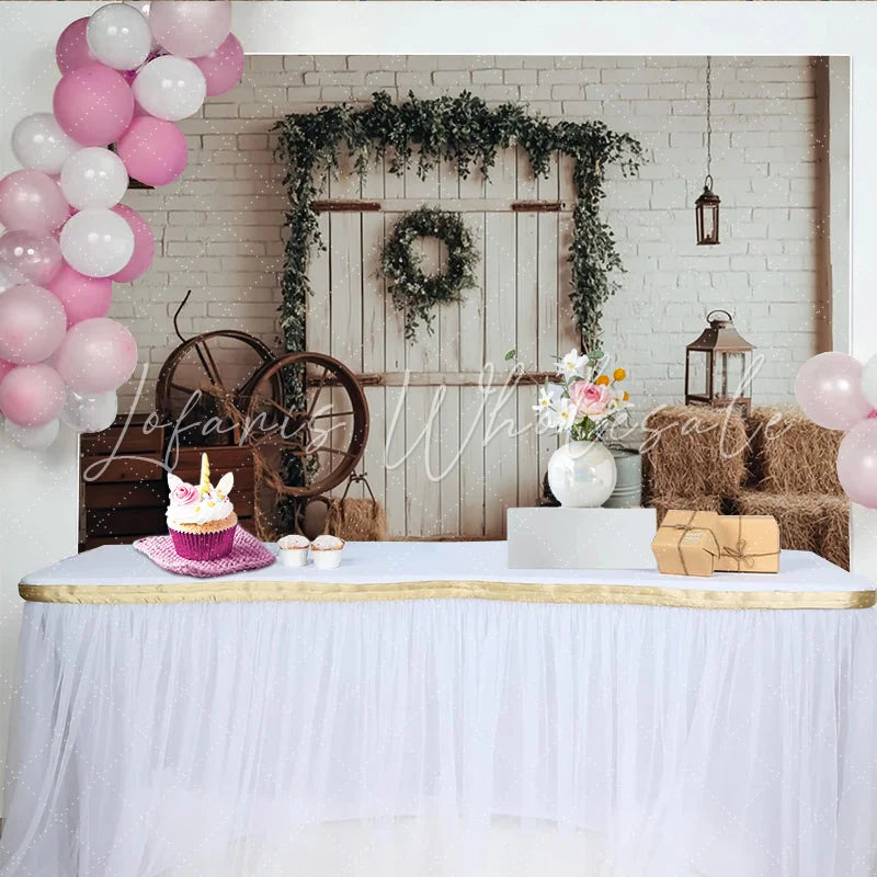 Lofaris Rustic Farmhouse Photography Backdrop with White Brick Wall and Greenery Vintage Barn Door Background for Studio Photoshoot