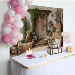 Lofaris Rustic Farmhouse Photography Backdrop with White Brick Wall and Hay Bales Vintage Wood Door Background for Studio Photoshoot