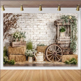 Lofaris Rustic Farmhouse Photography Backdrop with White Brick Wall and Hay Bales Vintage Country Studio Background for Portraits and Decor