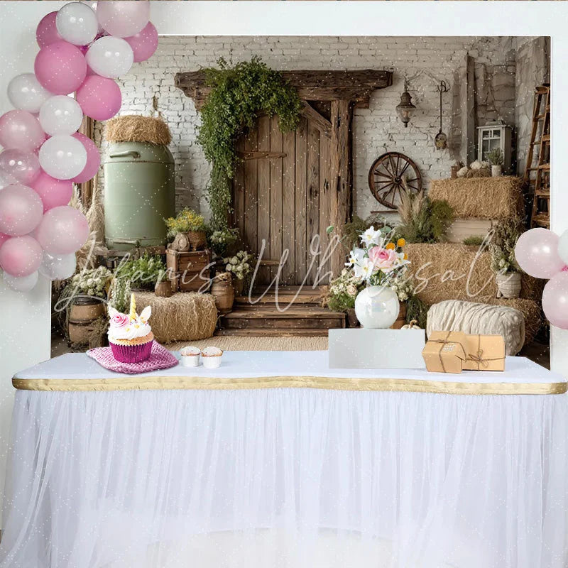 Lofaris Rustic Farmhouse Photography Backdrop with White Brick Wall and Hay Bales Vintage Wood Door Background for Studio Photoshoot