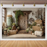 Lofaris Rustic Farmhouse Photography Backdrop with White Brick Wall and Hay Bales Vintage Wood Door Background for Studio Photoshoot