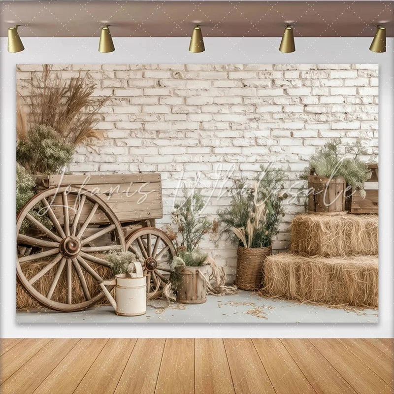 Lofaris Rustic Farmhouse Photography Backdrop with White Brick Wall and Wagon Wheels Natural Hay Bales and Greenery Background
