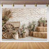 Lofaris Rustic Farmhouse Photography Backdrop with White Brick Wall and Wagon Wheels Natural Hay Bales and Greenery Background