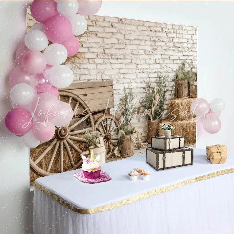 Lofaris Rustic Farmhouse Photography Backdrop with White Brick Wall and Wagon Wheels Natural Hay Bales and Greenery Background