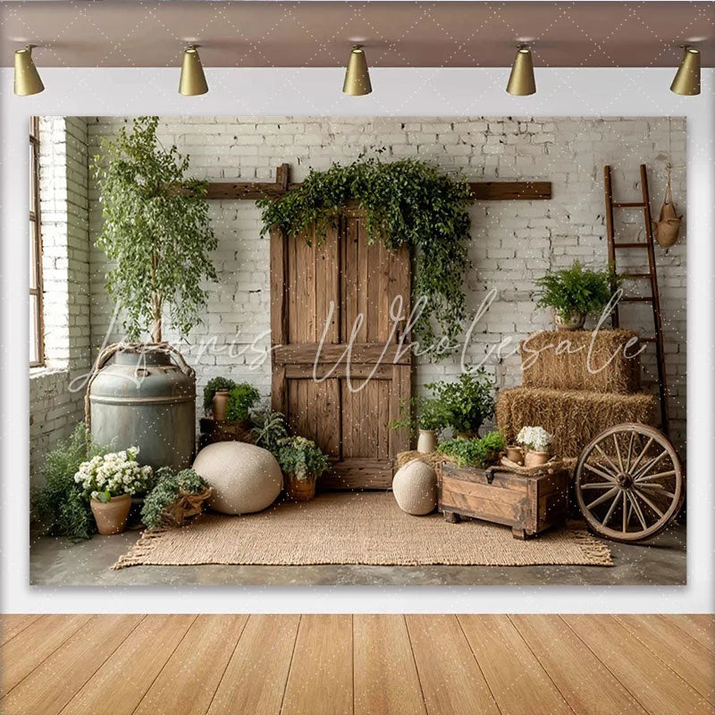 Lofaris Rustic Farmhouse Photography Backdrop with White Brick Wall and Wooden Barn Door Natural Studio Background for Portrait Photoshoot