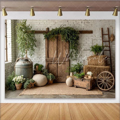 Lofaris Rustic Farmhouse Photography Backdrop with White Brick Wall and Wooden Barn Door Natural Studio Background for Portrait Photoshoot
