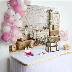 Lofaris Rustic Farmhouse Photography Backdrop with White Brick Wall and Wooden Door Cozy Studio Background for Portrait Sessions and Events