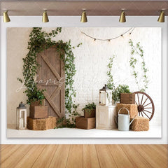 Lofaris Rustic Farmhouse Photography Backdrop with White Brick Wall Wooden Door and Green Ivy Hay Bales Background for Studio Photos