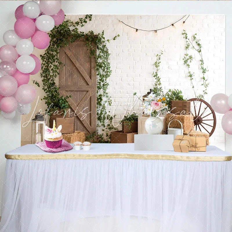 Lofaris Rustic Farmhouse Photography Backdrop with White Brick Wall Wooden Door and Green Ivy Hay Bales Background for Studio Photos