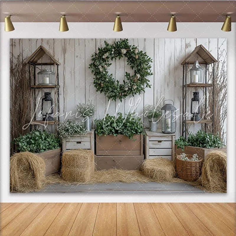 Lofaris Rustic Farmhouse Photography Backdrop with White Wood and Green Wreath Cozy Studio Background for Portrait Photoshoot and Party