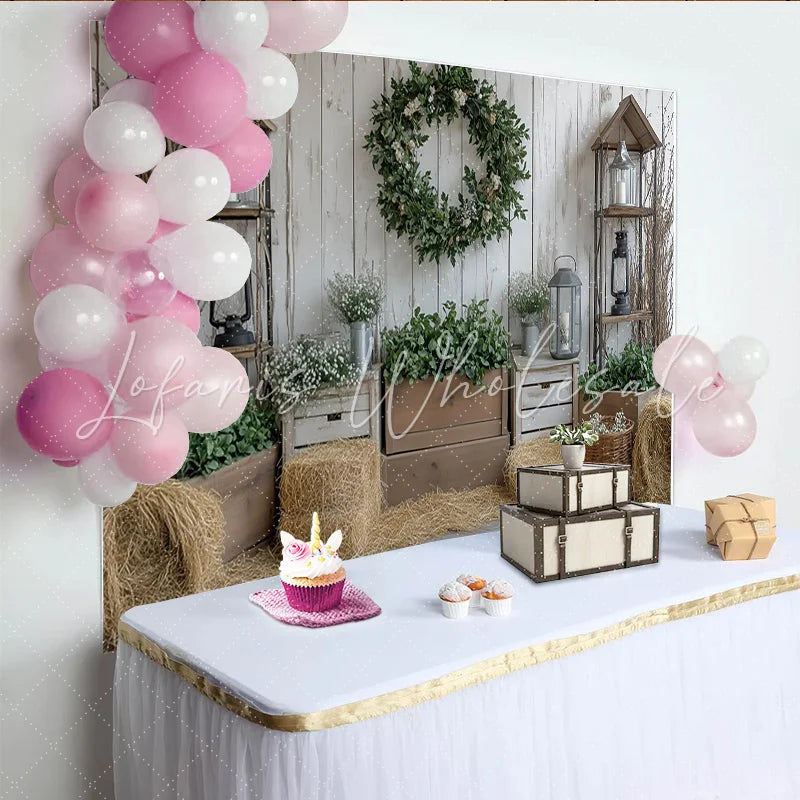 Lofaris Rustic Farmhouse Photography Backdrop with White Wood and Green Wreath Cozy Studio Background for Portrait Photoshoot and Party