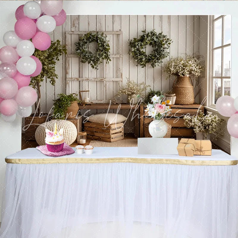 Lofaris Rustic Farmhouse Photography Backdrop with White Wood Wall and Eucalyptus Wreaths Natural Studio Background for Portrait Photoshoot