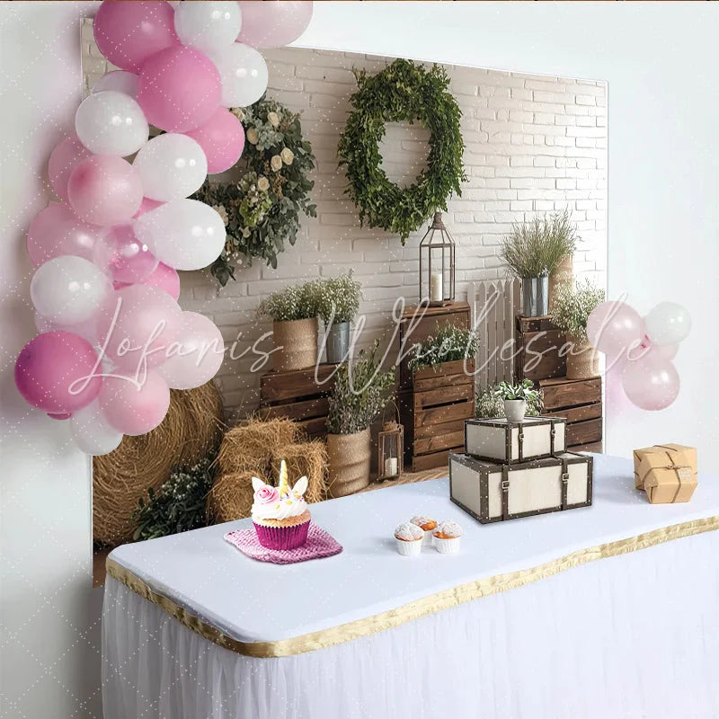 Lofaris Rustic Farmhouse Photography Backdrop with Wood Crates and Wreaths Natural White Brick Wall Decor for Portrait Photoshoot