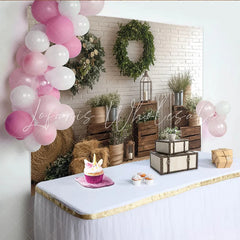 Lofaris Rustic Farmhouse Photography Backdrop with Wood Crates and Wreaths Natural White Brick Wall Decor for Portrait Photoshoot