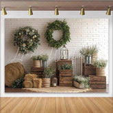 Lofaris Rustic Farmhouse Photography Backdrop with Wood Crates and Wreaths Natural White Brick Wall Decor for Portrait Photoshoot