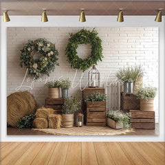 Lofaris Rustic Farmhouse Photography Backdrop with Wood Crates and Wreaths Natural White Brick Wall Decor for Portrait Photoshoot