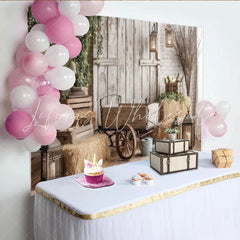 Lofaris Rustic Farmhouse Photography Backdrop with Wooden Wagon and Hay Bales Distressed Barn Wall Background for Studio Photoshoots