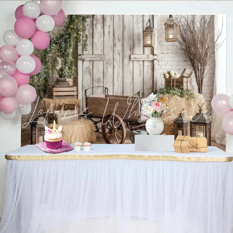 Lofaris Rustic Farmhouse Photography Backdrop with Wooden Wagon and Hay Bales Distressed Barn Wall Background for Studio Photoshoots