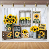 Lofaris Rustic Farmhouse Sunflower Photography Backdrop White Wood Wall Background with Welcome Friends Sign and Flower Market Decor