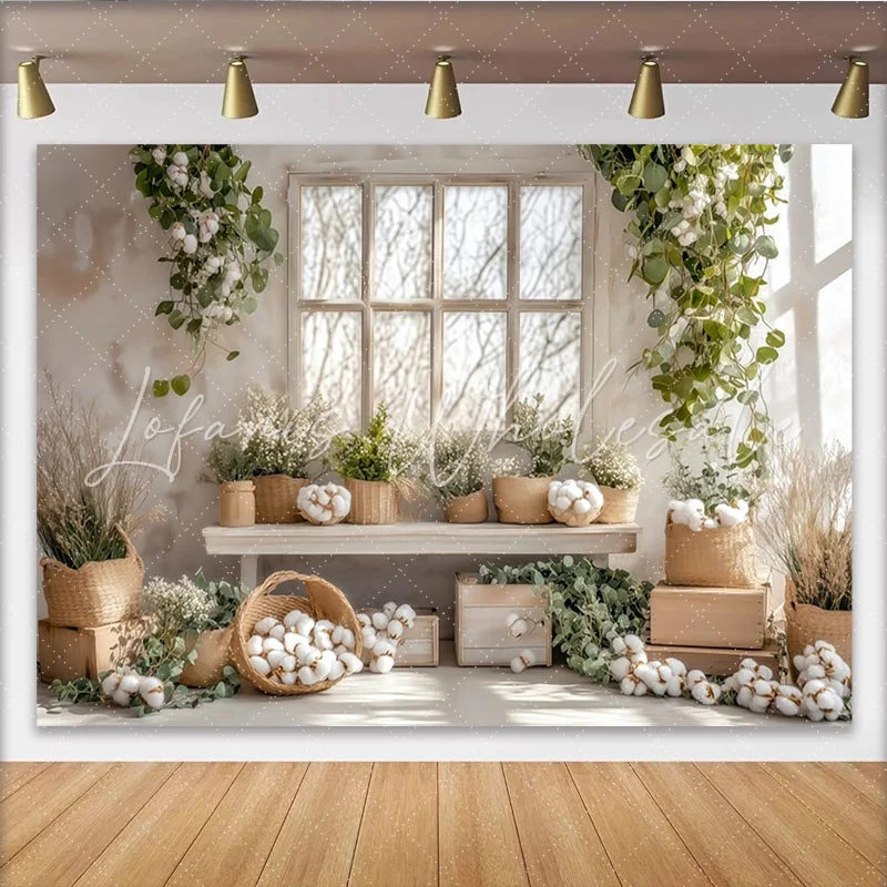 Lofaris Rustic Farmhouse Window Photography Backdrop with Cotton and Eucalyptus Natural Light Studio Background for Photoshoot