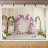 Lofaris Rustic Floral Balloon Birthday Backdrop with Lavender and Pink Elegant Studio Background for Party Photoshoot