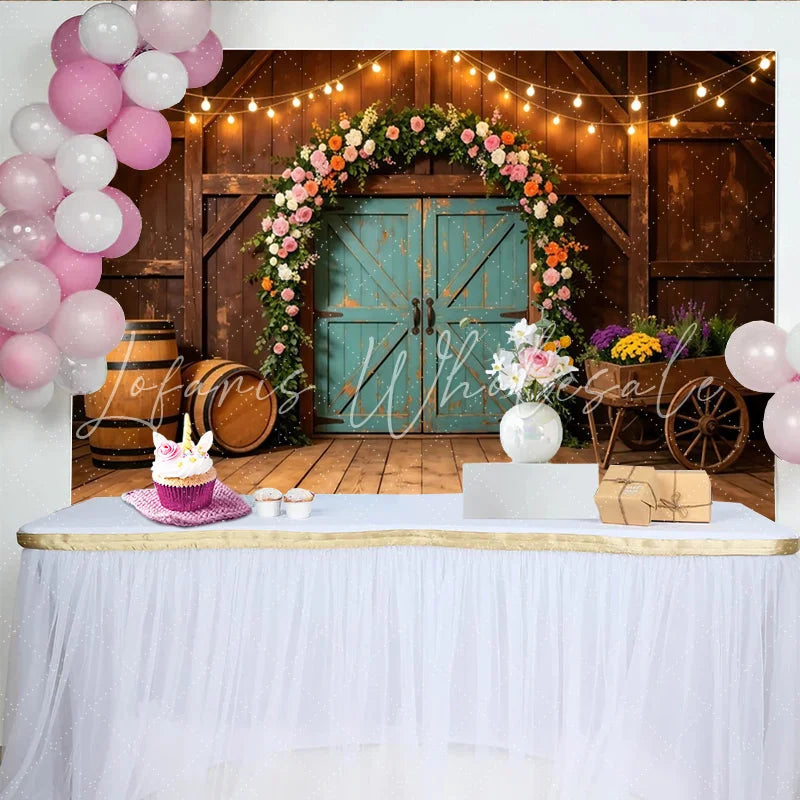 Lofaris Rustic Floral Barn Photography Backdrop with String Lights and Arch Elegant Wood Background for Wedding Engagement Photoshoot