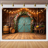 Lofaris Rustic Floral Barn Photography Backdrop with String Lights and Arch Elegant Wood Background for Wedding Engagement Photoshoot