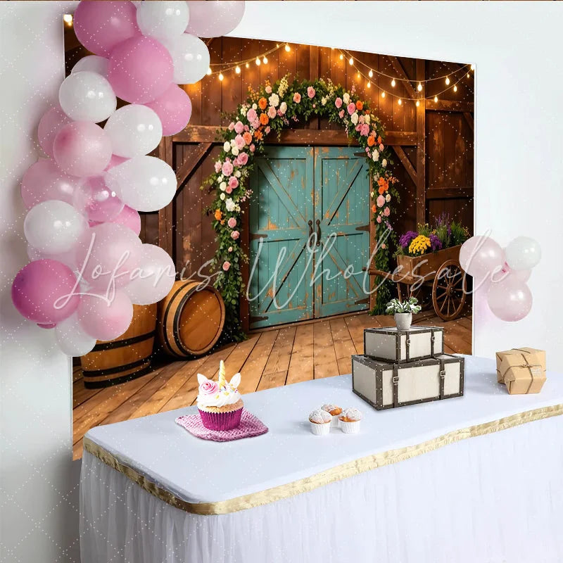 Lofaris Rustic Floral Barn Photography Backdrop with String Lights and Arch Elegant Wood Background for Wedding Engagement Photoshoot