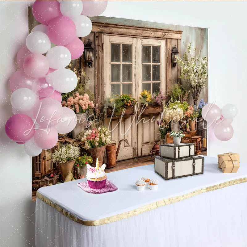 Lofaris Rustic Floral Door Photography Backdrop with Garden Flowers Charming Wooden Wall Background for Studio Photoshoot