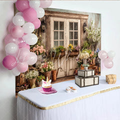 Lofaris Rustic Floral Door Photography Backdrop with Garden Flowers Charming Wooden Wall Background for Studio Photoshoot