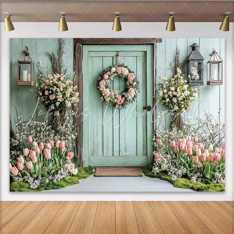 Lofaris Rustic Floral Door Photography Backdrop with Mint Green and Tulips Elegant Spring Garden Background for Portraits and Events
