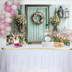 Lofaris Rustic Floral Door Photography Backdrop with Mint Green and Tulips Elegant Spring Garden Background for Portraits and Events