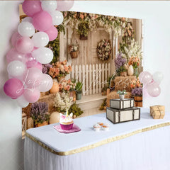 Lofaris Rustic Floral Easter Photography Backdrop with White Picket Fence Spring Holiday Decor for Photoshoot and Party