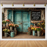 Lofaris Rustic Floral Flower Shop Photography Backdrop Vintage Turquoise Door with Spring Tulips for Professional Studio