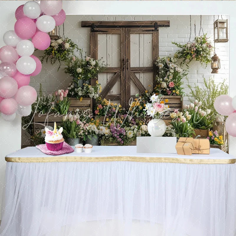 Lofaris Rustic Floral Photography Backdrop with Barn Door and Fresh Flowers Charming Studio Background for Spring Photoshoot and Event Decor