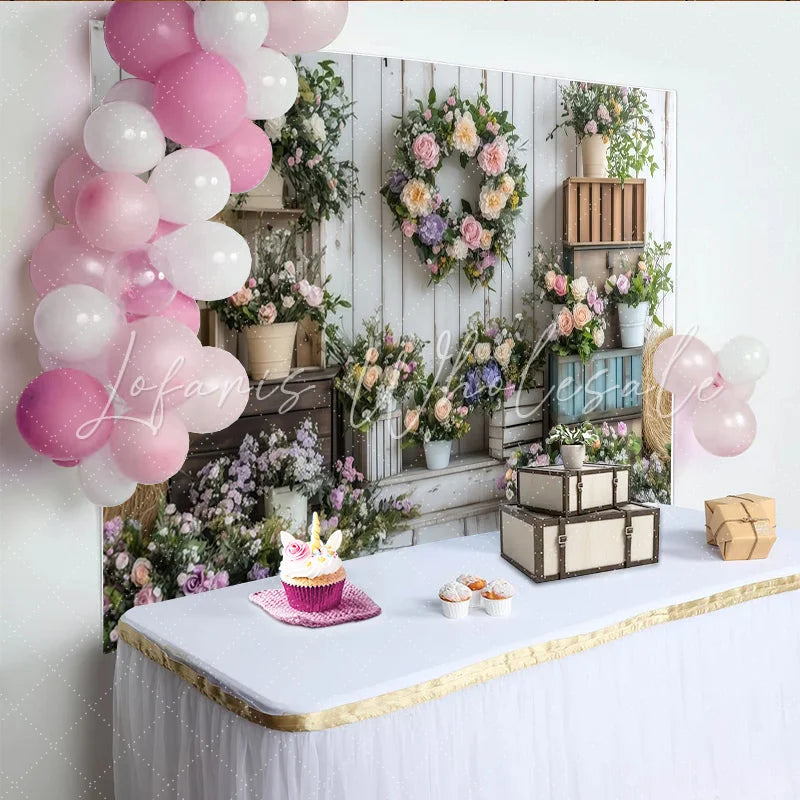 Lofaris Rustic Floral Photography Backdrop with Pastel Flowers and White Wood Wall Elegant Studio Background for Spring Photoshoot