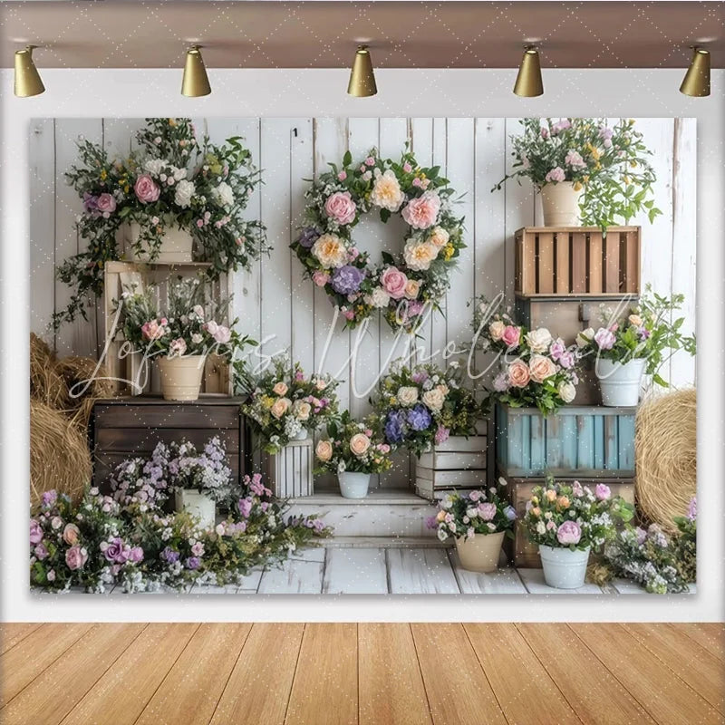 Lofaris Rustic Floral Photography Backdrop with Pastel Flowers and White Wood Wall Elegant Studio Background for Spring Photoshoot